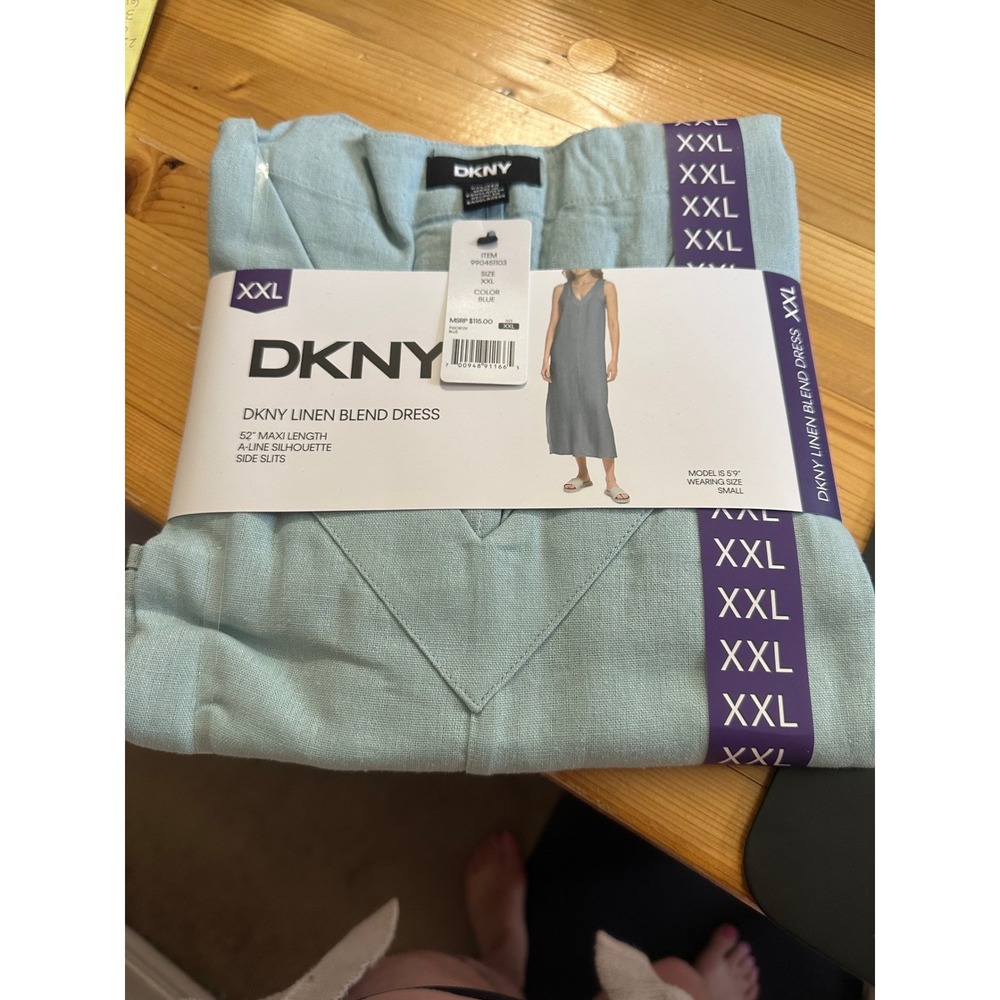 DKNY Linen Blend Maxi Dress XXL Light Blue A-Line V-Neck Sleeveless 990451103